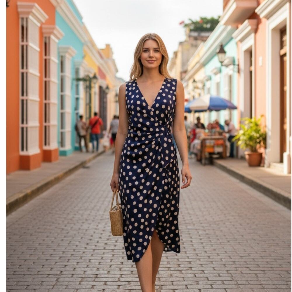 St. John Shift Dress Women's Size 6 Navy Ivory Silk Polka Dot Faux Wrap V-Neck
